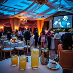 A beautifully decorated wedding venue at dusk with elegant decor, arranged seating, and ambient lighting