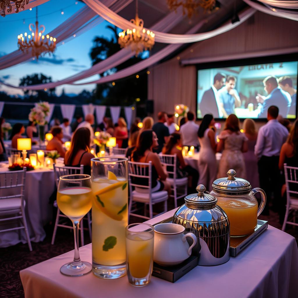 A beautifully decorated wedding venue at dusk with elegant decor, arranged seating, and ambient lighting