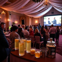 A beautifully decorated wedding venue at dusk with elegant decor, arranged seating, and ambient lighting