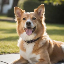 A well-groomed, healthy-looking medium sized dog basking in the afternoon sunlight with its tongue slightly out in a cheerful setting.