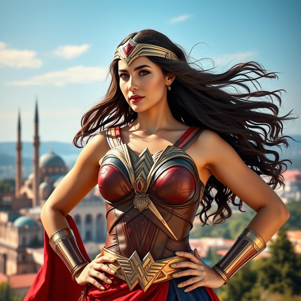 A powerful and majestic woman embodying the essence of Wonder Woman, reimagined with striking Turkish influences