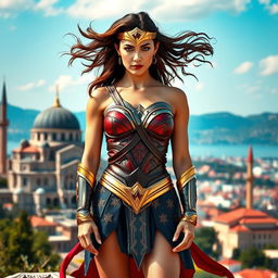 A powerful and majestic woman embodying the essence of Wonder Woman, reimagined with striking Turkish influences