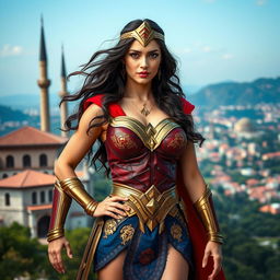 A powerful and majestic woman embodying the essence of Wonder Woman, reimagined with striking Turkish influences