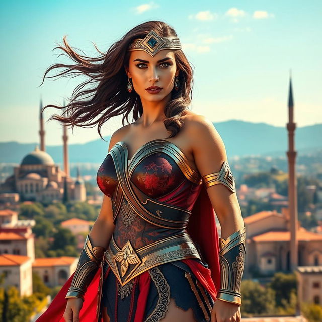 A powerful and majestic woman embodying the essence of Wonder Woman, reimagined with striking Turkish influences