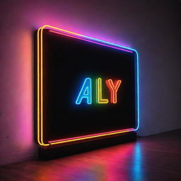 A vibrant neon sign glowing brightly in a modern, dimly lit room, casting colorful lights on surrounding surfaces.