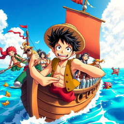 A vibrant and dynamic scene from a fantastical anime world featuring strong, adventurous characters inspired by One Piece