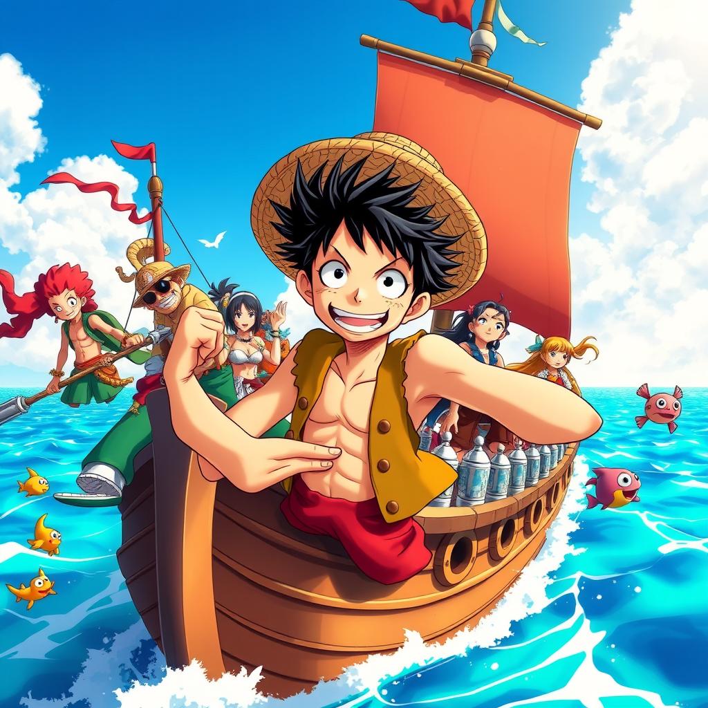 A vibrant and dynamic scene from a fantastical anime world featuring strong, adventurous characters inspired by One Piece