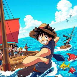 A vibrant and dynamic scene from a fantastical anime world featuring strong, adventurous characters inspired by One Piece