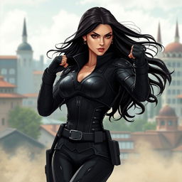 A powerful female superhero inspired by the Black Widow character, depicted as a Turkish woman