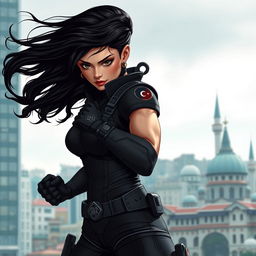 A powerful female superhero inspired by the Black Widow character, depicted as a Turkish woman