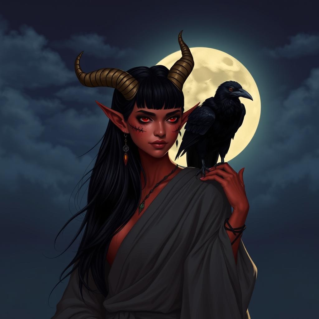 A beautiful Latina Tiefling monk with crimson skin and glowing tattoos stands beneath a moonlit sky as the moon rises majestically behind her