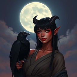 A beautiful Latina Tiefling monk with crimson skin and glowing tattoos stands beneath a moonlit sky as the moon rises majestically behind her