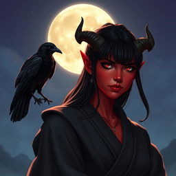 A beautiful Latina Tiefling monk with crimson skin and glowing tattoos stands beneath a moonlit sky as the moon rises majestically behind her