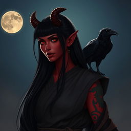 A stunning Latina Tiefling monk with striking crimson skin and glowing tattoos, standing under a softly illuminated moon rising in the night sky