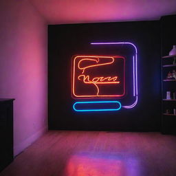 A vibrant neon sign glowing brightly in a modern, dimly lit room, casting colorful lights on surrounding surfaces.