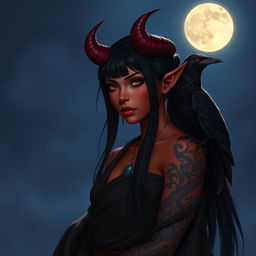 A stunning Latina Tiefling monk with striking crimson skin and glowing tattoos, standing under a softly illuminated moon rising in the night sky