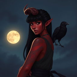 A stunning Latina Tiefling monk with striking crimson skin and glowing tattoos, standing under a softly illuminated moon rising in the night sky