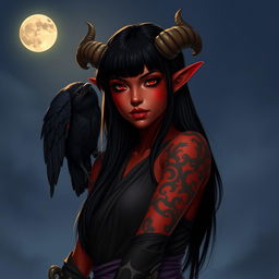 A stunning Latina Tiefling monk with striking crimson skin and glowing tattoos, standing under a softly illuminated moon rising in the night sky