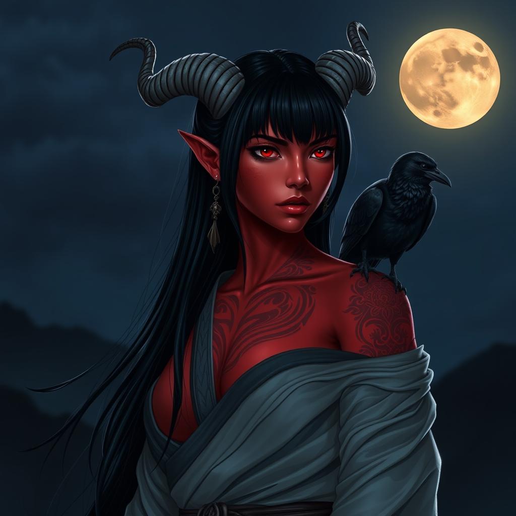A majestic scene of a Latina Tiefling monk with striking crimson skin and intricate glowing tattoos, standing beneath a rising moon that casts a silvery light on her figure