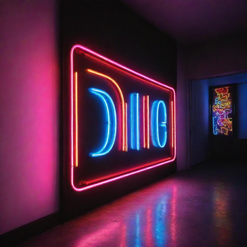 A vibrant neon sign glowing brightly in a modern, dimly lit room, casting colorful lights on surrounding surfaces.