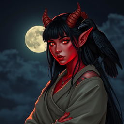 A striking scene featuring a Latina Tiefling monk with radiant crimson skin adorned with glowing tattoos, standing gracefully under the rising moon