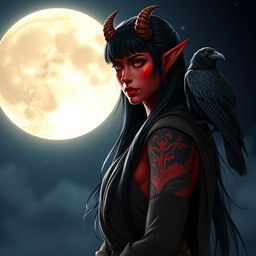 A striking scene featuring a Latina Tiefling monk with radiant crimson skin adorned with glowing tattoos, standing gracefully under the rising moon