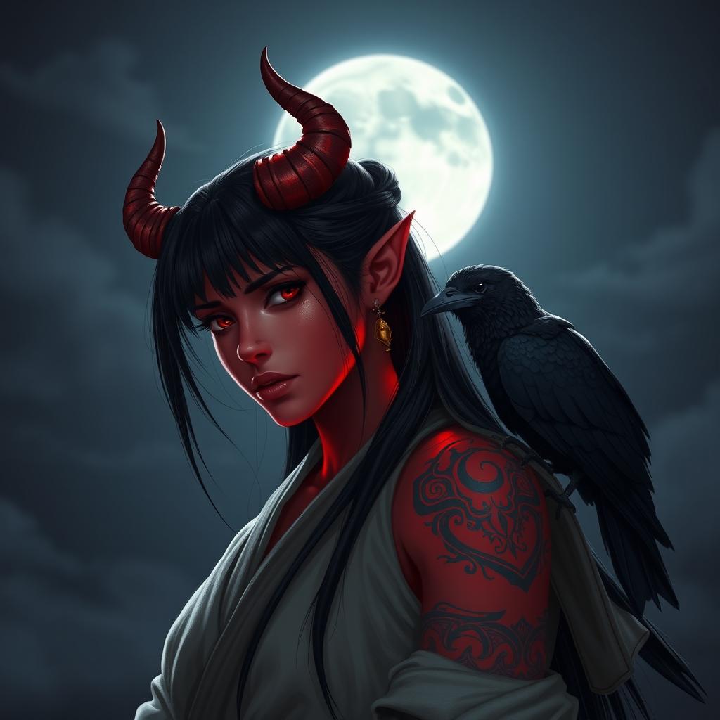 A striking scene featuring a Latina Tiefling monk with radiant crimson skin adorned with glowing tattoos, standing gracefully under the rising moon