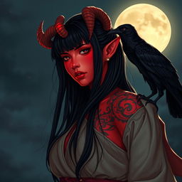 A striking scene featuring a Latina Tiefling monk with radiant crimson skin adorned with glowing tattoos, standing gracefully under the rising moon