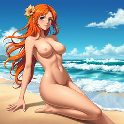 A stylish and artistic representation of Nami from One Piece, captured in an artistic nude pose that emphasizes elegance and beauty