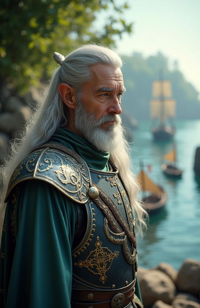 A hyper-realistic live-action portrayal of the elf Cirdan from Lord of the Rings, depicted as a wise elf in his 50s with a short, well-groomed beard and long silver hair cascading down his shoulders