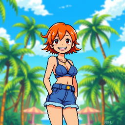 A pixel art depiction of Nami from One Piece, showcasing her signature orange hair, a playful smile, and her stylish outfit including a blue bikini top and a short denim skirt with a yellow-orange top