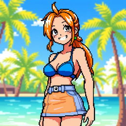 A pixel art depiction of Nami from One Piece, showcasing her signature orange hair, a playful smile, and her stylish outfit including a blue bikini top and a short denim skirt with a yellow-orange top