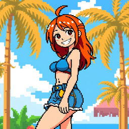 A pixel art depiction of Nami from One Piece, showcasing her signature orange hair, a playful smile, and her stylish outfit including a blue bikini top and a short denim skirt with a yellow-orange top