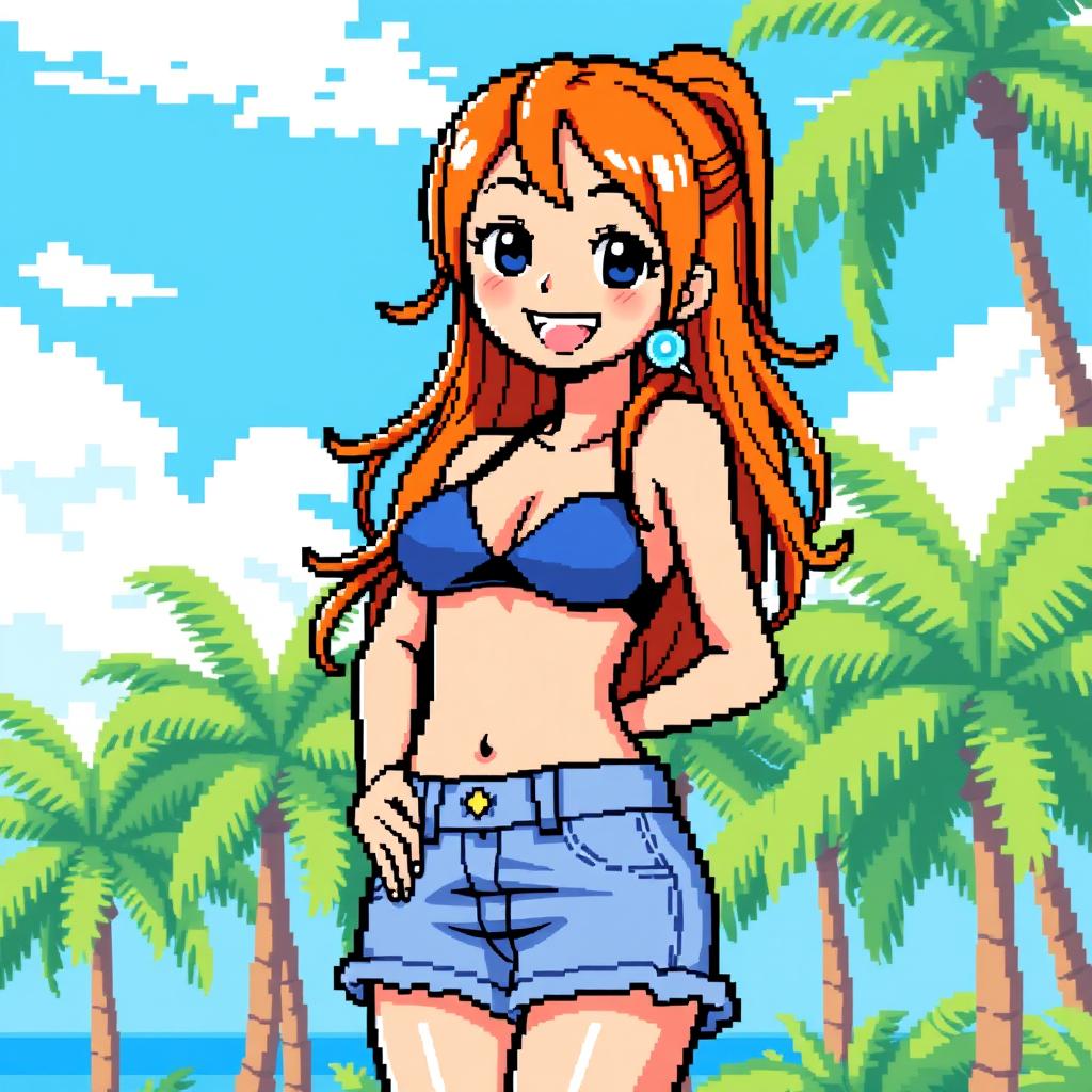 A pixel art depiction of Nami from One Piece, showcasing her signature orange hair, a playful smile, and her stylish outfit including a blue bikini top and a short denim skirt with a yellow-orange top