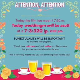 A vibrant poster design announcing a wedding program featuring a film debate at 7:30 p