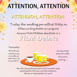 A vibrant poster design announcing a wedding program featuring a film debate at 7:30 p