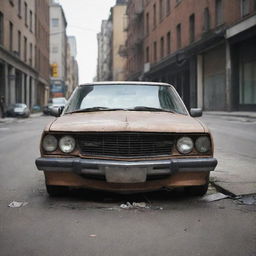 A realistic damaged car in an urban setting