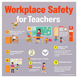 A safety poster for teachers displaying various workplace safety protocols