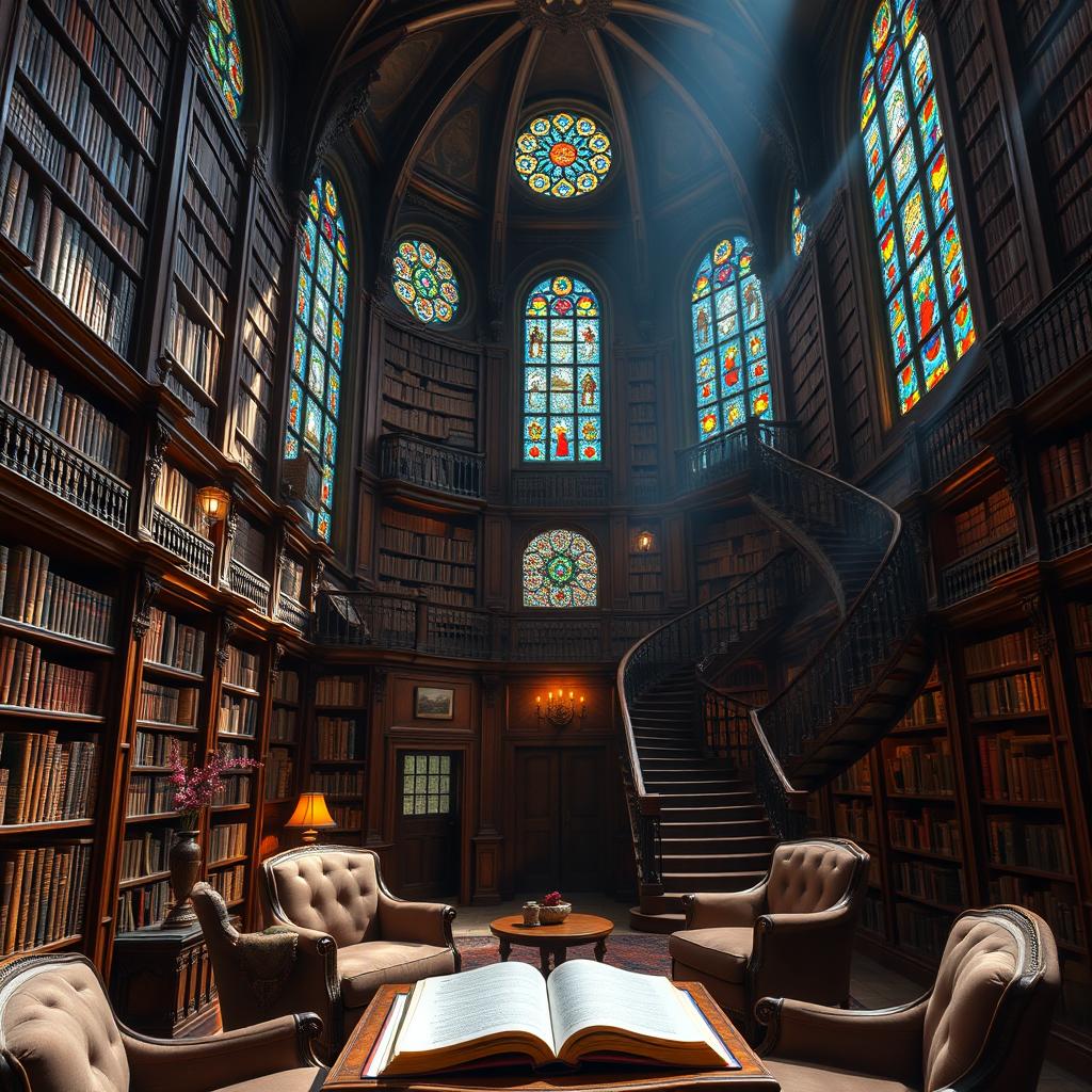 A grand and majestic library interior with towering shelves filled with ancient books, illuminated by stunning stained glass windows that cast colorful light across the room