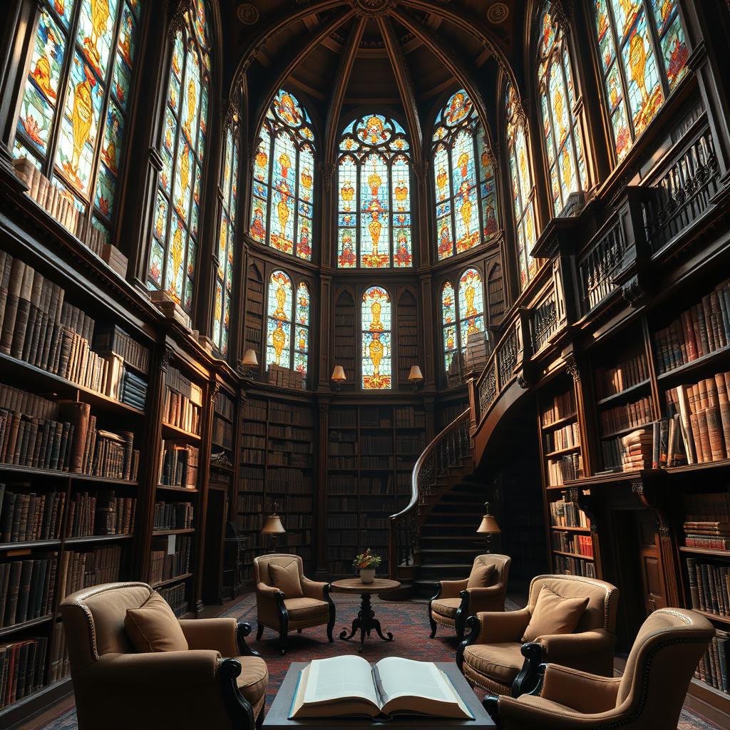 A grand and majestic library interior with towering shelves filled with ancient books, illuminated by stunning stained glass windows that cast colorful light across the room