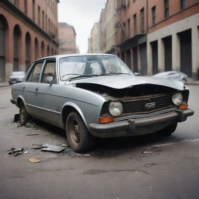 A realistic damaged car in an urban setting