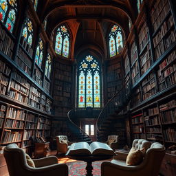 A grand and majestic library interior with towering shelves filled with ancient books, illuminated by stunning stained glass windows that cast colorful light across the room