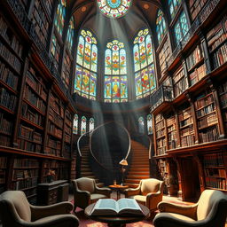 A grand and majestic library interior with towering shelves filled with ancient books, illuminated by stunning stained glass windows that cast colorful light across the room