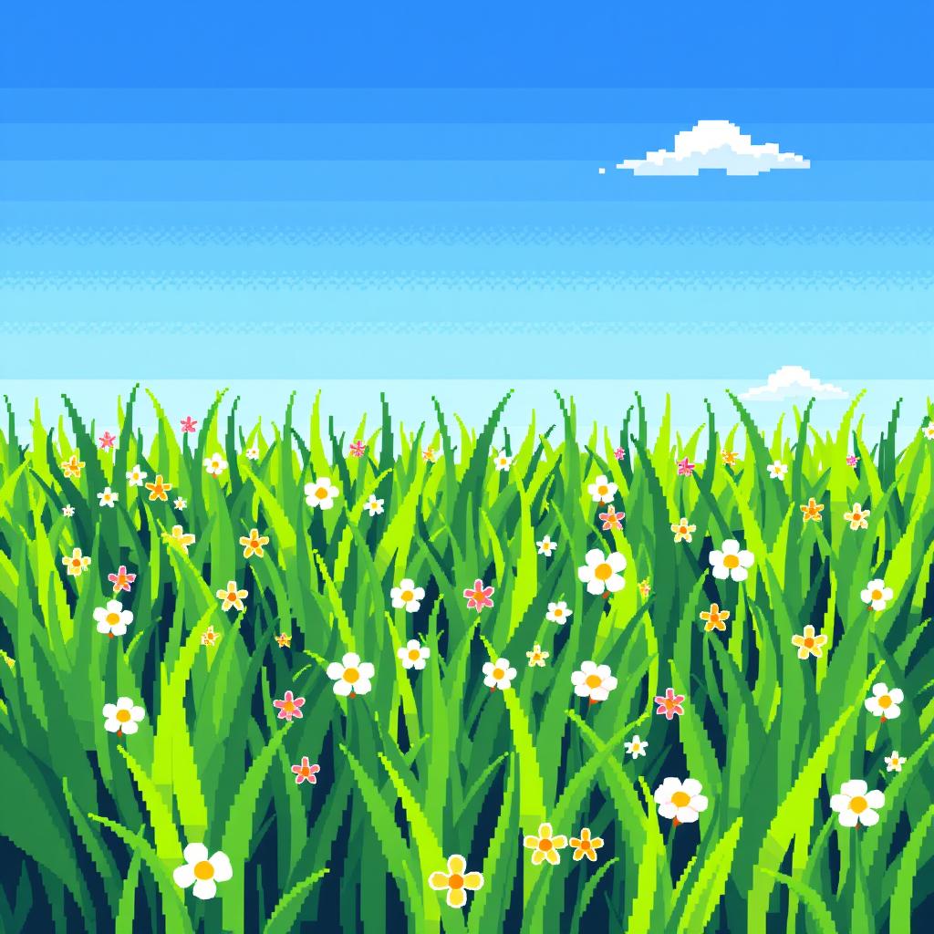 A vibrant pixelated grass field illustrating lush green grass in varying shades of green, with tiny pixel flowers scattered throughout, creating a whimsical and playful aesthetic