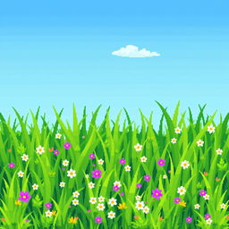 A vibrant pixelated grass field illustrating lush green grass in varying shades of green, with tiny pixel flowers scattered throughout, creating a whimsical and playful aesthetic