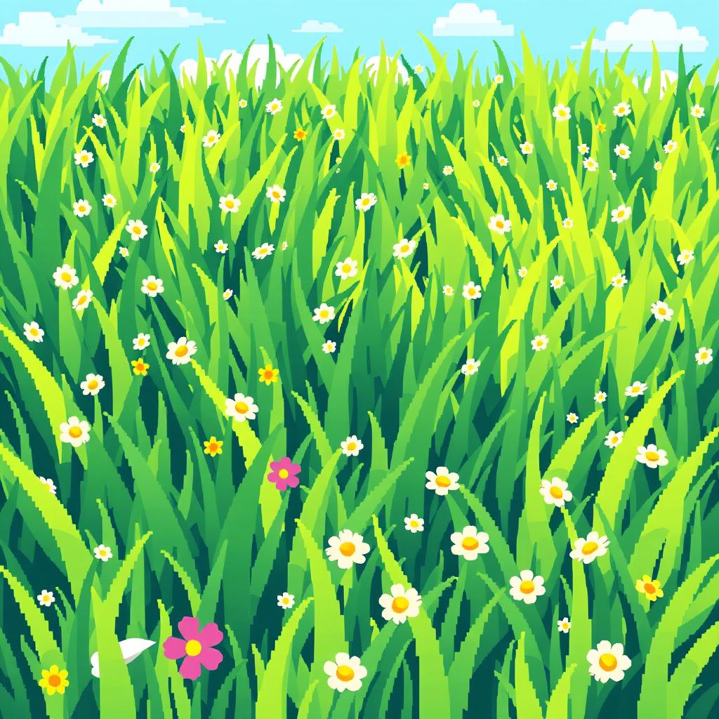 A vibrant pixelated grass field illustrating lush green grass in varying shades of green, with tiny pixel flowers scattered throughout, creating a whimsical and playful aesthetic