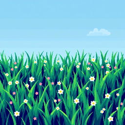 A vibrant pixelated grass field illustrating lush green grass in varying shades of green, with tiny pixel flowers scattered throughout, creating a whimsical and playful aesthetic