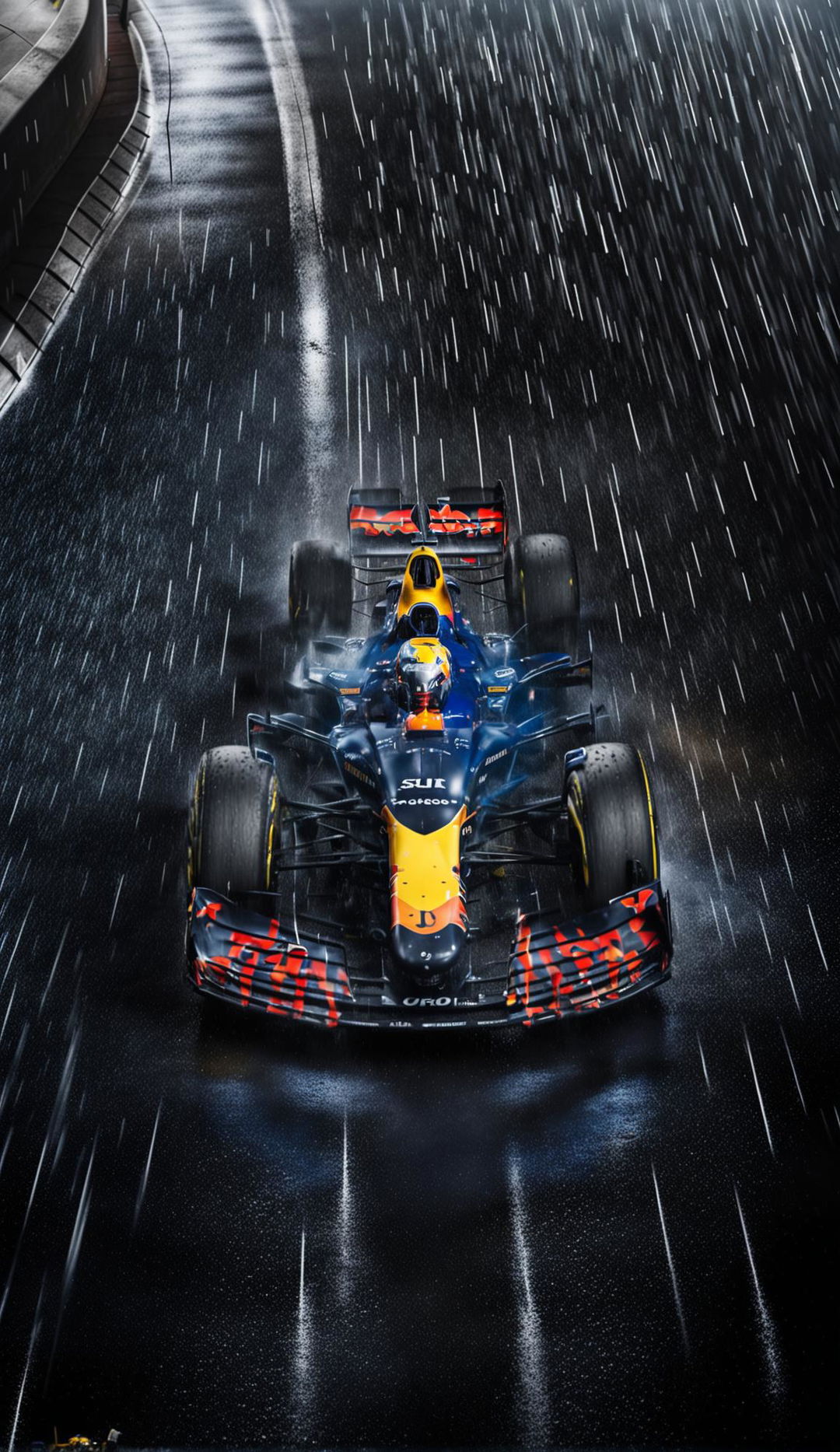 Red Bull F1 car on a rainy track.