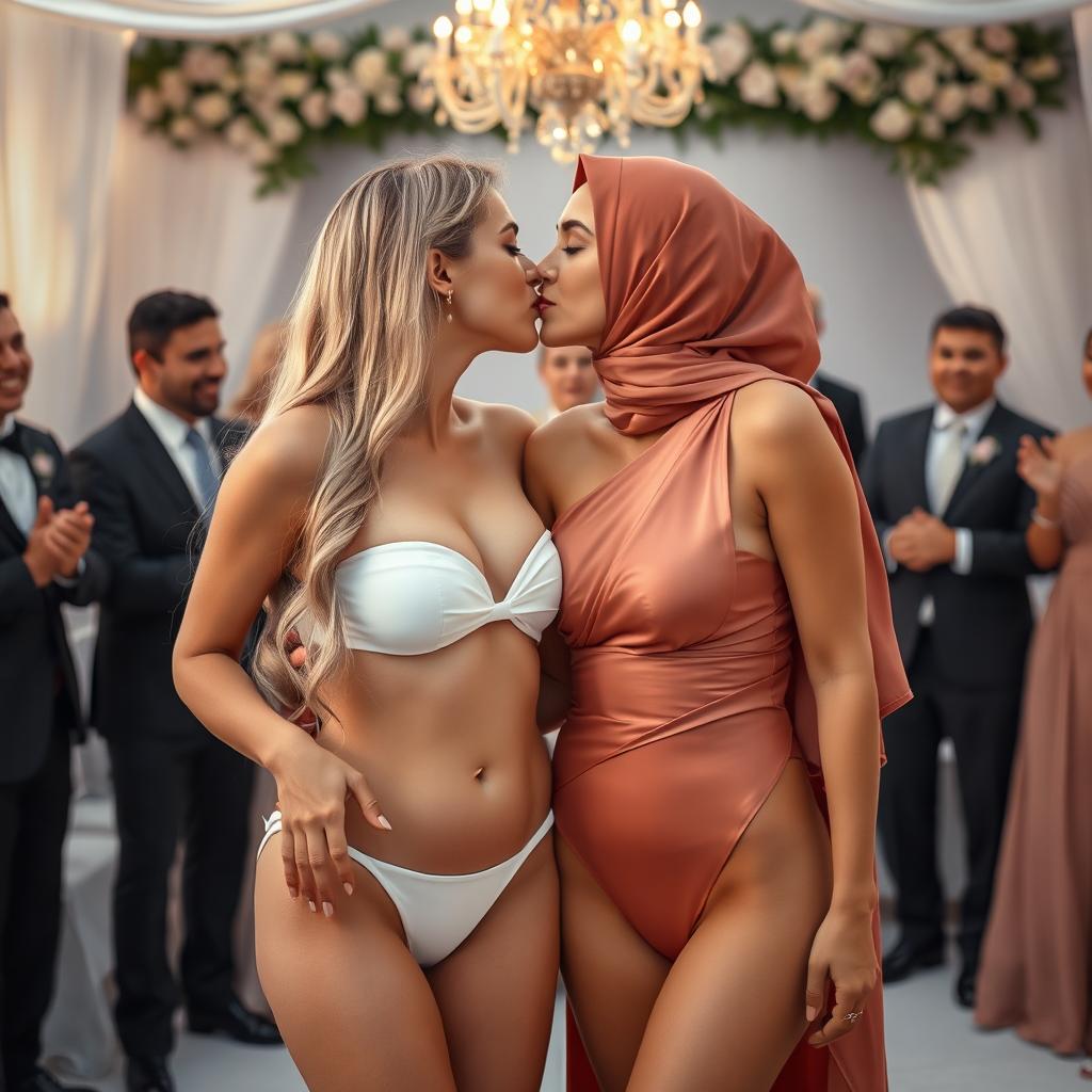 A romantic scene featuring two white-skinned women, one with an hourglass European body type and long hair, wearing a skimpy two-piece bikini with a bandeau top, and the other a chesty 35-year-old Arab Muslim woman wearing a stylish one-shoulder high-neck bikini