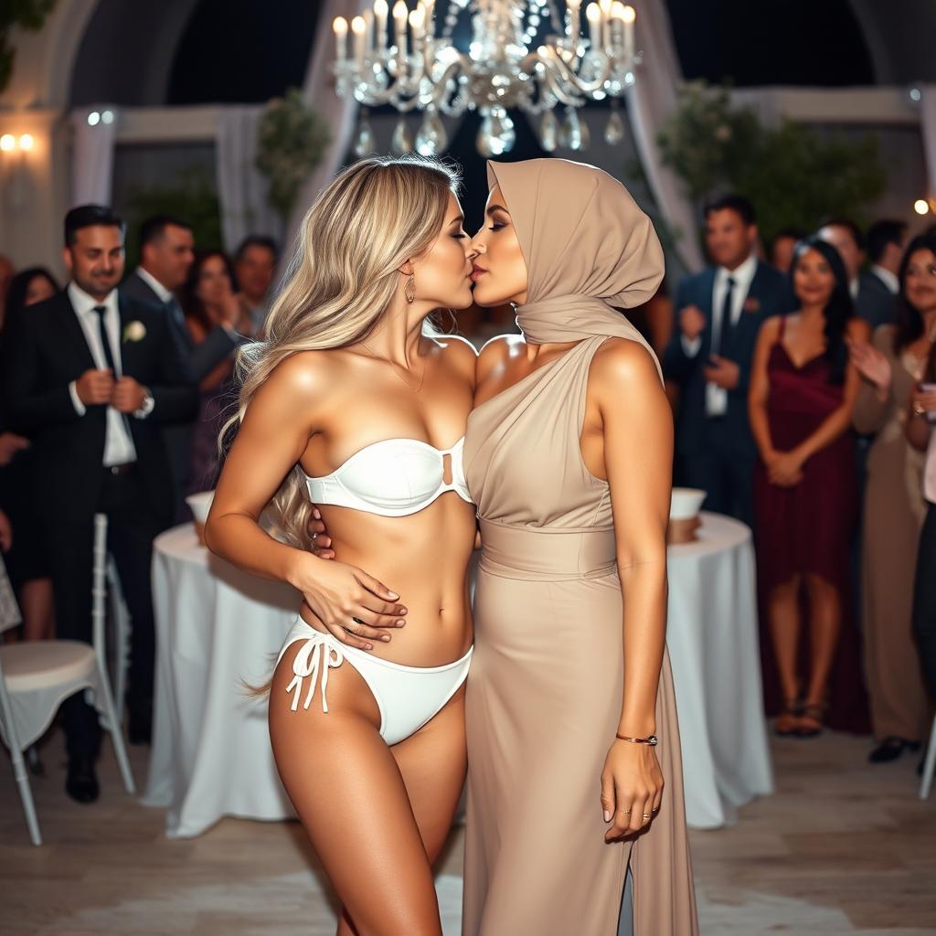 A romantic scene featuring two white-skinned women, one with an hourglass European body type and long hair, wearing a skimpy two-piece bikini with a bandeau top, and the other a chesty 35-year-old Arab Muslim woman wearing a stylish one-shoulder high-neck bikini